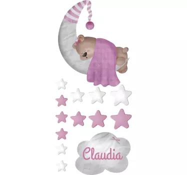 Sticker chambre bébé ourson et lune avec prénom - TenStickers