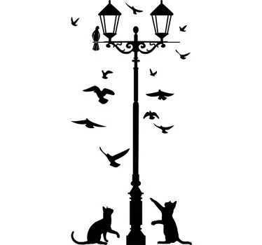 Sticker oiseaux et chats autour d'un lampadaire - TenStickers
