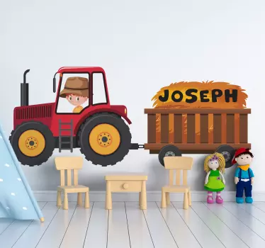 Sticker Mural Jouet Tracteur rouge avec nom garçon - TenStickers