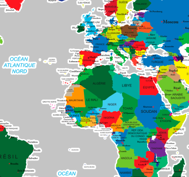Sticker carte du monde colorée en français - TenStickers
