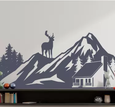 Stickers Art Déco Cerf sur des montagnes avec une cabane - TenStickers