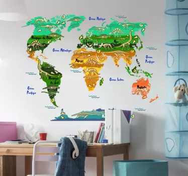 Sticker carte du monde dinosaures et océans - TenStickers
