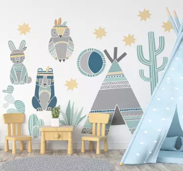 Sticker Maison Tipi et Animaux Indiens - TenStickers
