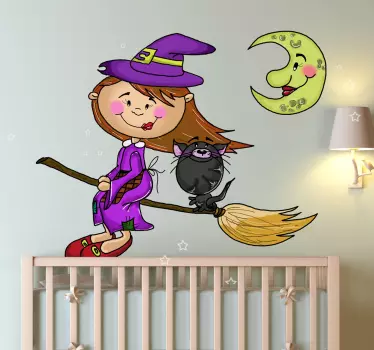 Sticker enfant sorcière chat lune - TenStickers
