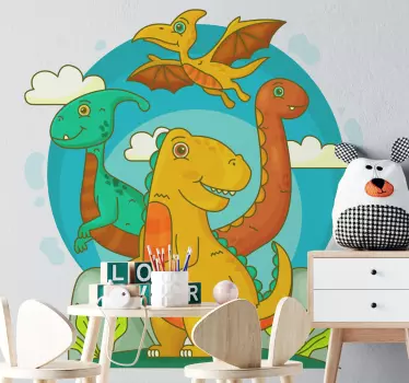 Sticker mural dinosaure famille de dinosaures cartoon - TenStickers