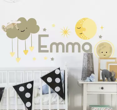 Sticker mural espace Nuage, soleil et nom personnalisable - TenStickers