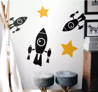 Sticker Espace motif étoiles jaunes et vaisseaux spatiaux noirs - TenStickers