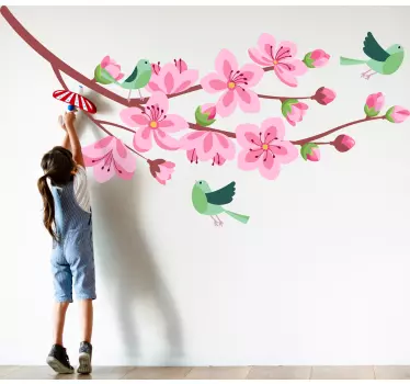 Sticker Mural Fleur Arbre de printemps avec des oiseaux verts - TenStickers