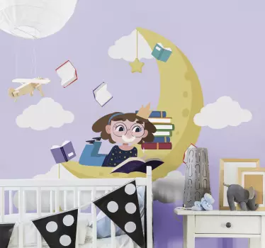 Sticker Illustration Il était une fois fille lisant sur la lune - TenStickers