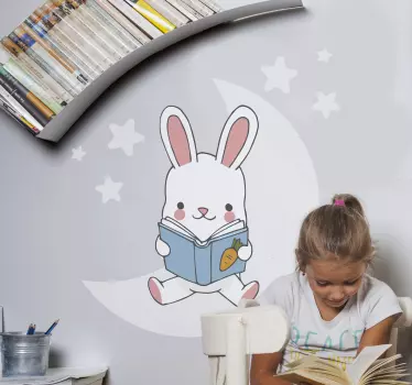 Sticker Mural Illustration Lapin lisant sur la lune - TenStickers