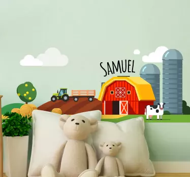 Sticker Mural Jouet Tracteur vert sur la colline avec nom - TenStickers