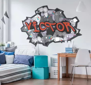 Sticker chambre ado graffiti prénom motif gamer - TenStickers