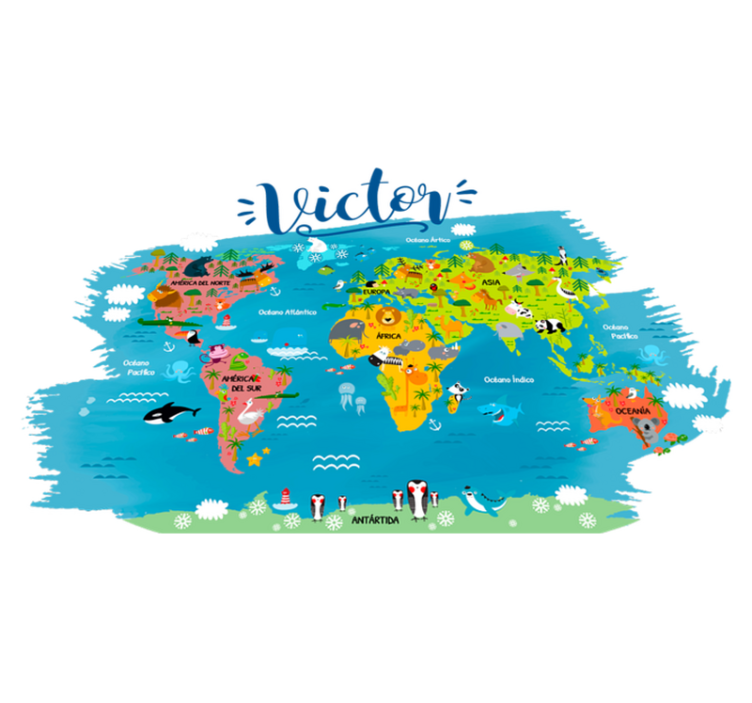 Tapis vinyle carte du monde animaux avec noms espagnols - TenStickers