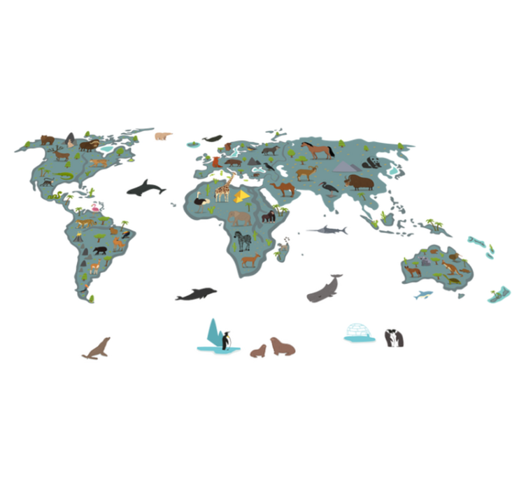 Tapis vinyle carte du monde couleurs simples animaux - TenStickers