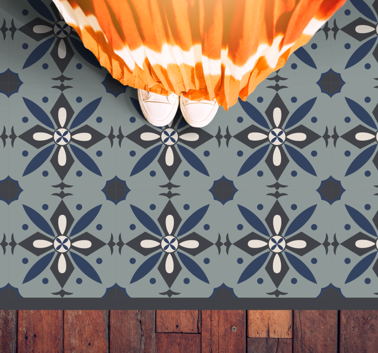 Tapis vinyle carreaux de ciment motif botanique gris - TenStickers