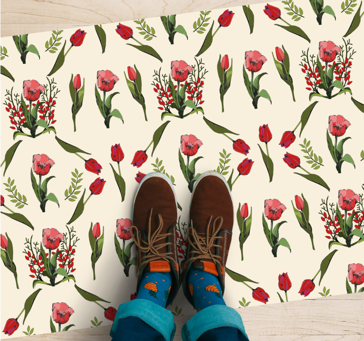 Tapis vinyle salon Printemps avec des tulipes rouges - TenStickers