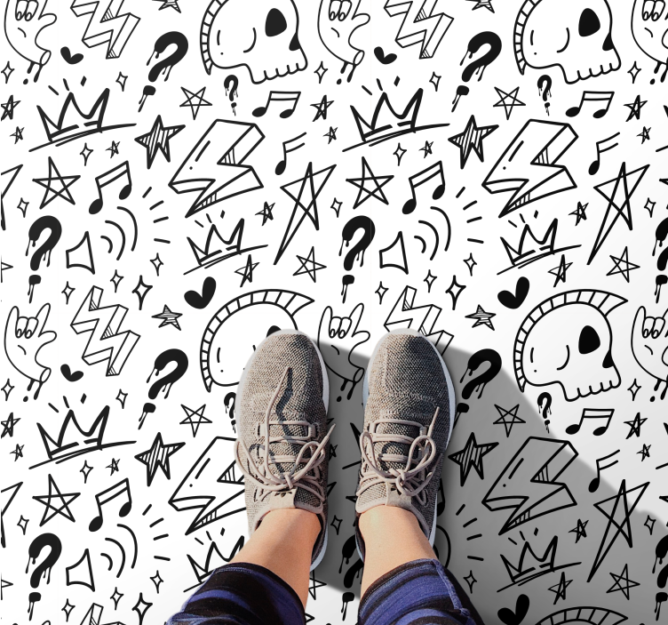 Tapis vinyle ado motifs éclectiques noirs sur blanc - TenStickers