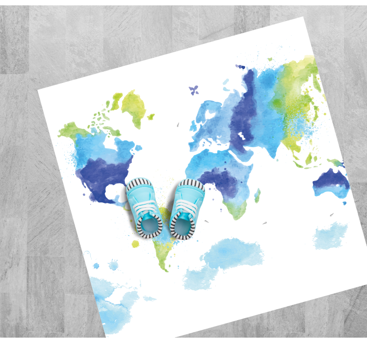 Tapis vinyle carte du monde aquarelle bleue et verte - TenStickers