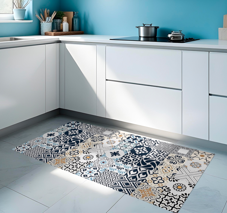 Tapis vinyle cuisine tuiles bleues - TenStickers