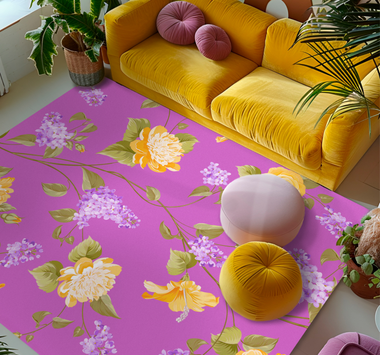 Tapis vinyle fleurs et plantes violet motif fleurs jaunes - TenStickers