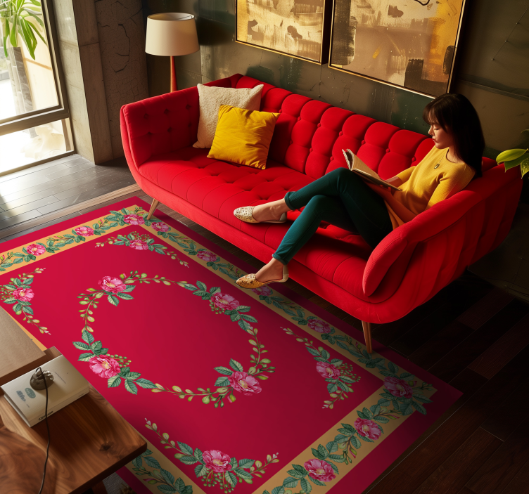 Tapis vinyle rouge motif floral vintage - TenStickers