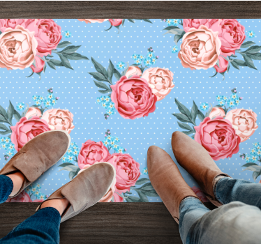 Tapis vinyle bleu motif floral à pois - TenStickers