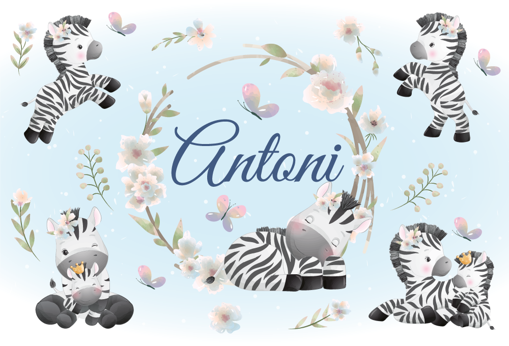 Tapis vinyle animal zèbres bébés avec prénom - TenStickers