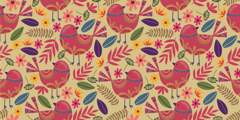 Tapis vinyle fleurs et plantes oiseaux colorés folk - TenStickers