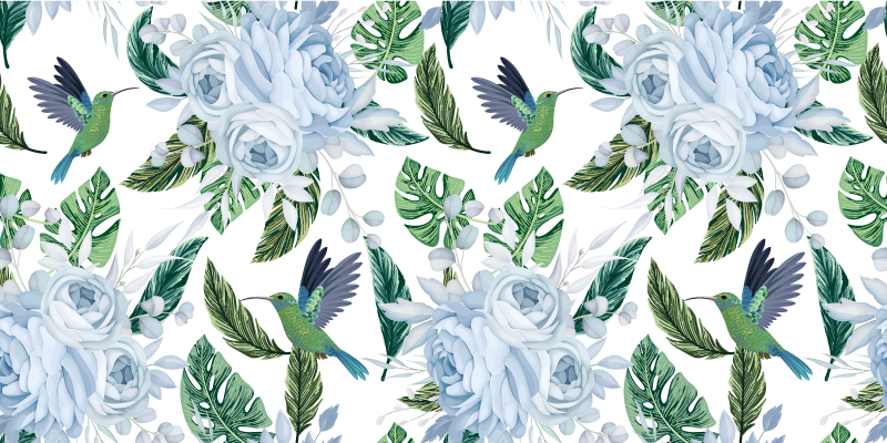 Tapis vinyle fleurs et plantes jardin bleu avec oiseaux - TenStickers