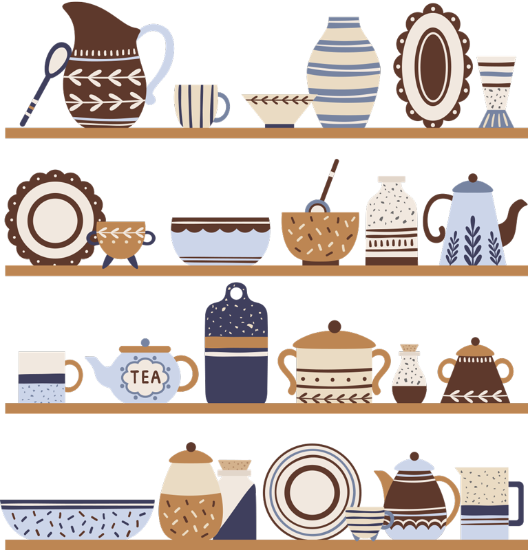 Tapis vinyle cuisine étagères avec vaisselle - TenStickers