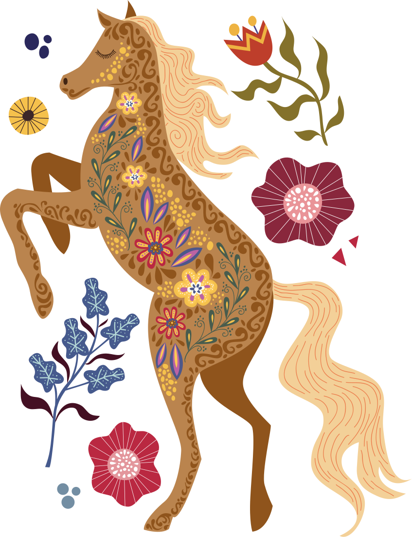 Tapis vinyle fleurs et plantes cheval sauvage folklorique - TenStickers