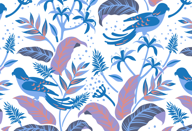 Tapis vinyle nature oiseaux roses et bleus sur feuilles - TenStickers