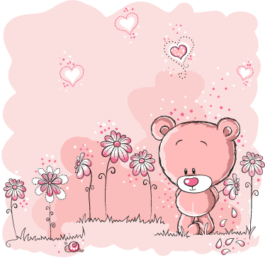 Tapis vinyle pour enfants ours rose et fleurs - TenStickers