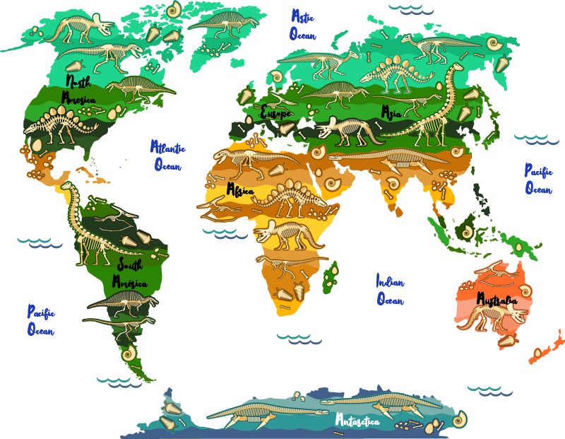 Tapis vinyle carte du monde dinosaures avec noms anglais - TenStickers