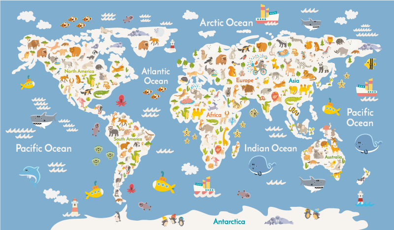 Tapis vinyle carte du monde faune blanche pour enfants - TenStickers