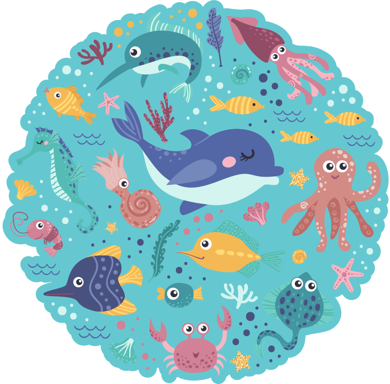 Tapis vinyle rond motif animaux marins - TenStickers