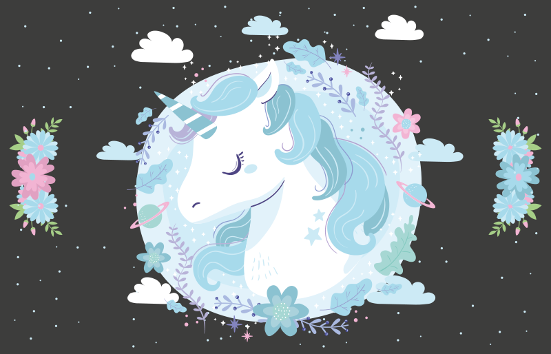 Tapis vinyle chambre bebe Licorne à fleurs bleues - TenStickers