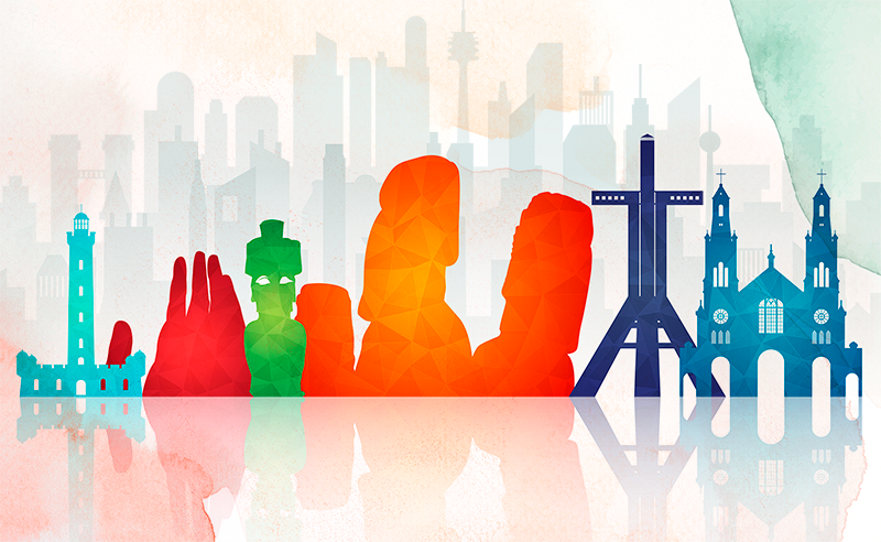 Tapis vinyle bureau silhouettes d'horizon colorées - TenStickers