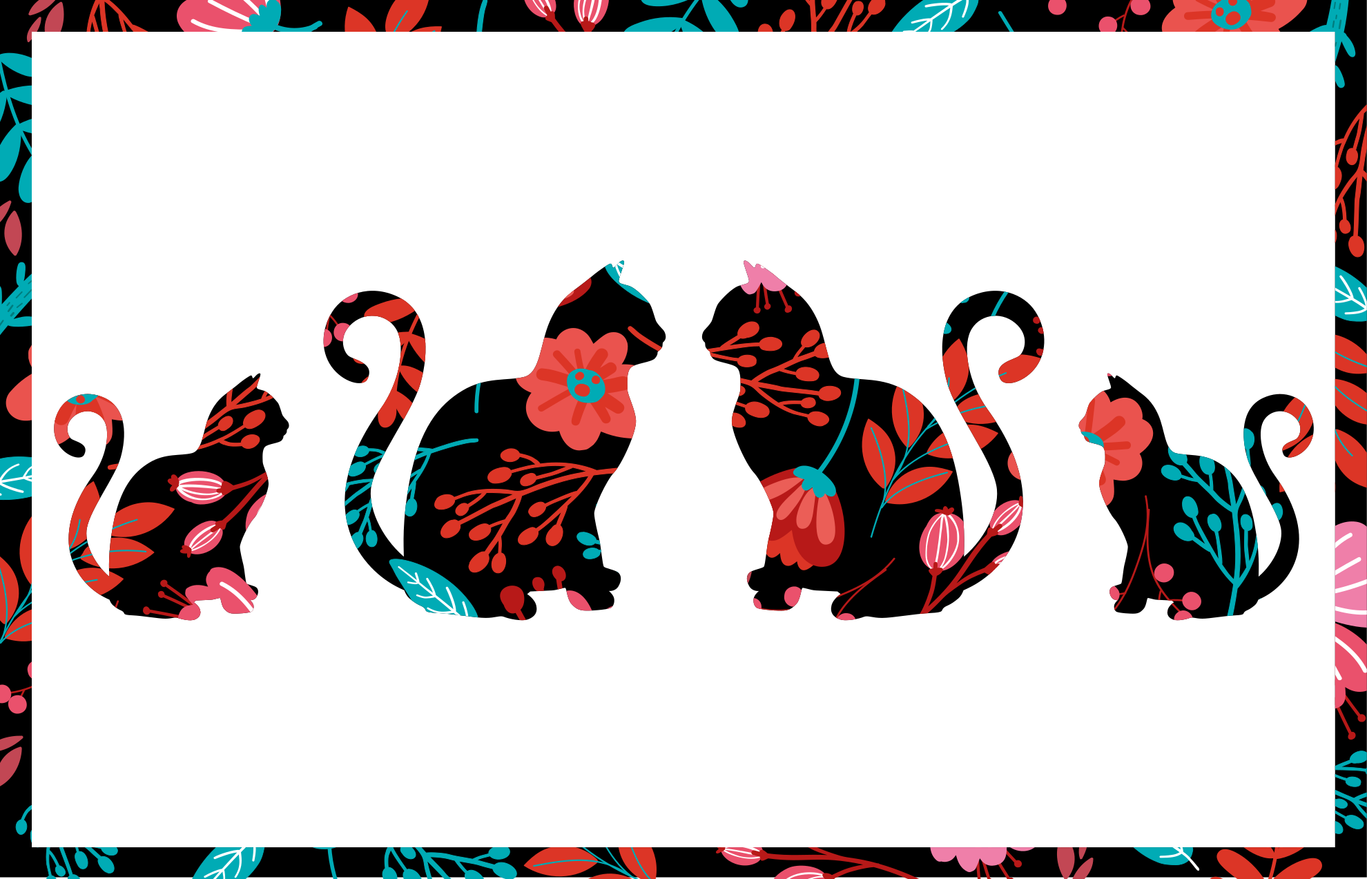 Tapis vinyle fleurs et plantes silhouettes de chats colorées - TenStickers