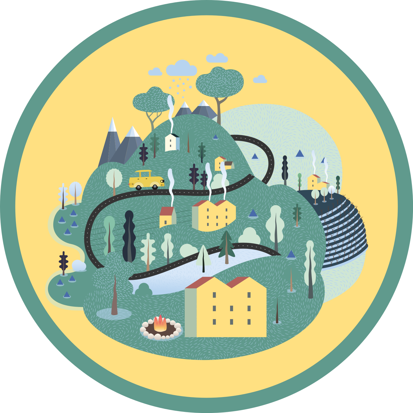 Tapis vinyle pour enfants Montagnes vertes avec des maisons - TenStickers