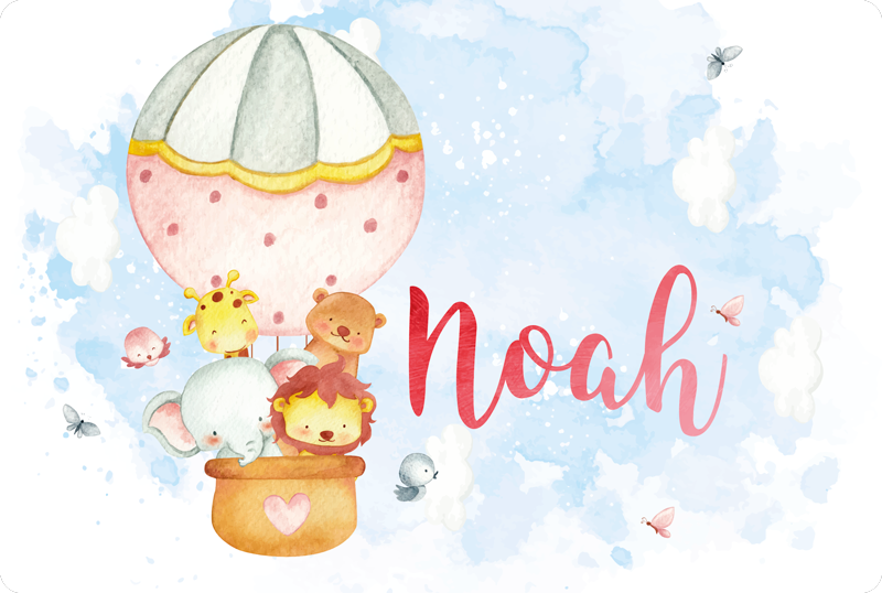 Tapis vinyle chambre bébé aventure en montgolfière avec nom - TenStickers