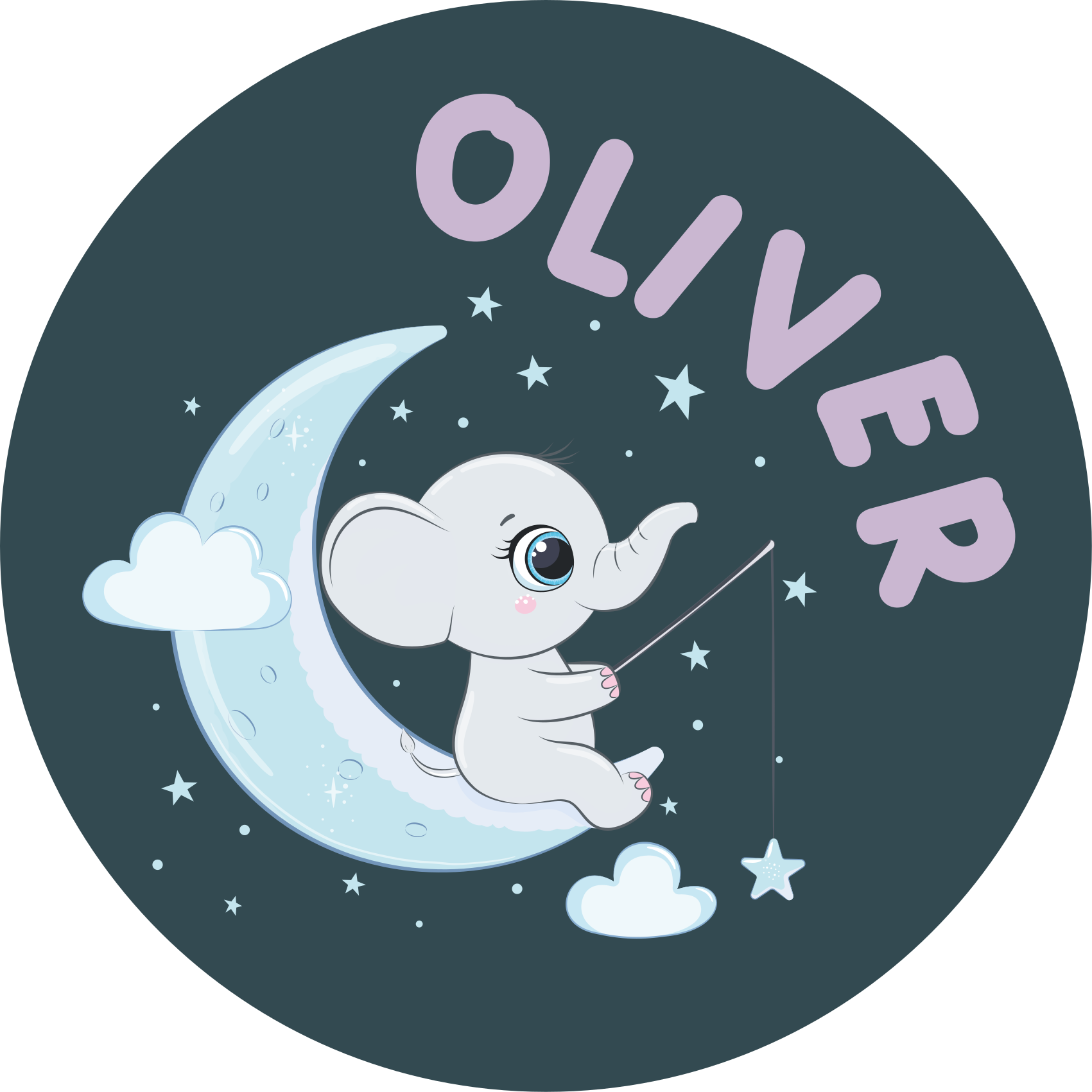Tapis vinyle chambre bébé éléphant sur la lune avec nom - TenStickers