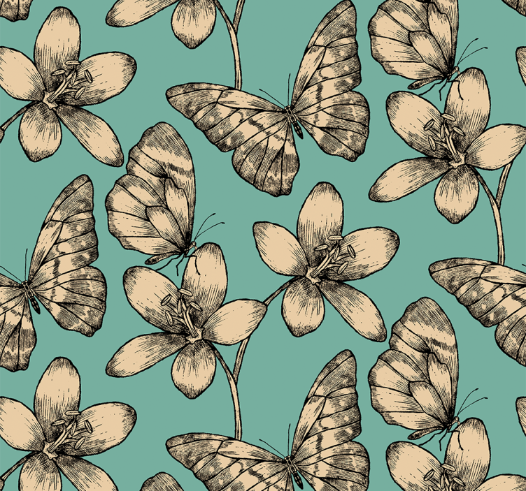 Papier peint papillons fleurs beiges sur fond bleu - TenStickers