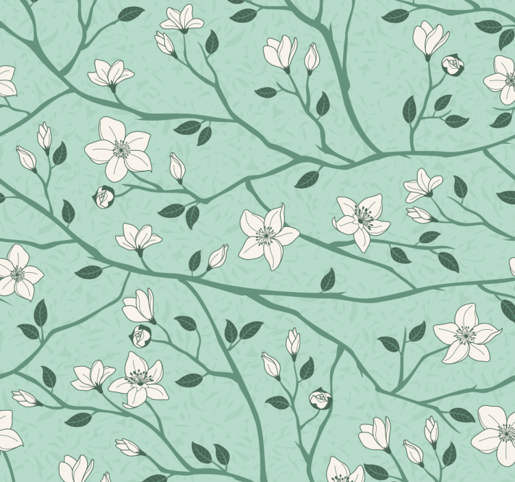 Papier peint vert menthe branches avec fleurs - TenStickers