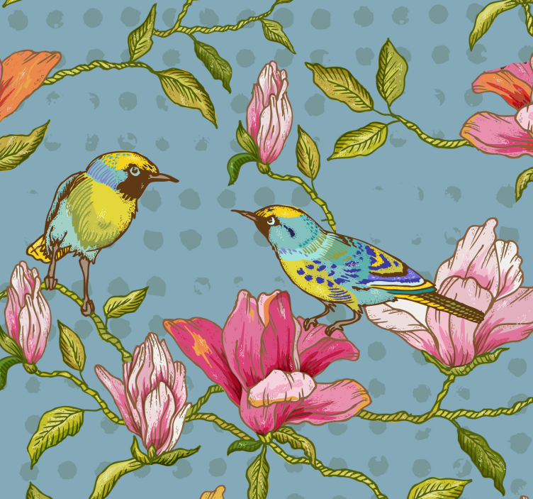 Papier peint fleur Oiseaux jaunes avec des fleurs - TenStickers