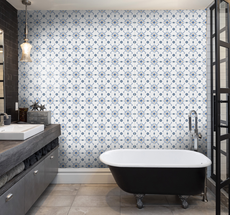 Papier peint salle de bain effet carrelage bleu - TenStickers