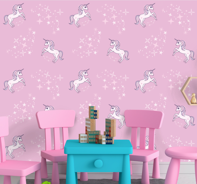 Papier peint chambre enfant licornes étoilées roses - TenStickers