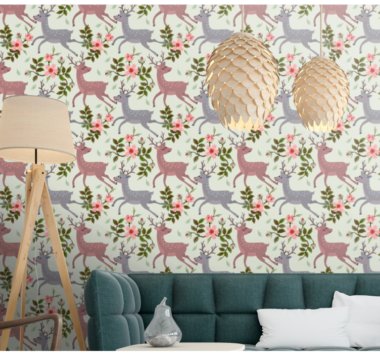 Papier peint animaux motif floral de cerf - TenStickers