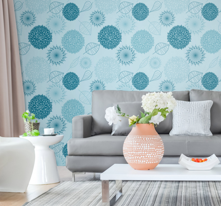 papier peint fleurs et plantes sur fond bleu - TenStickers