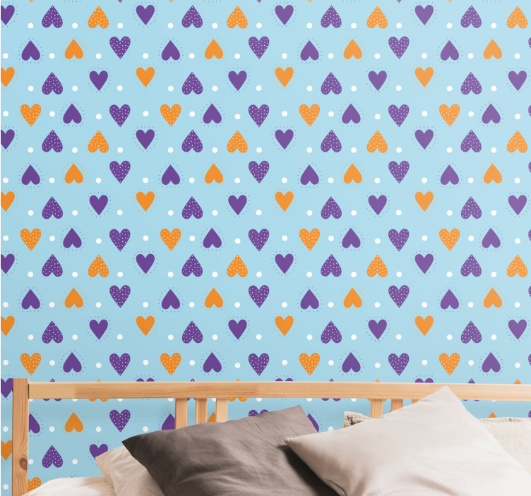 Papier peint enfant Coeurs violets et orange sur bleu - TenStickers